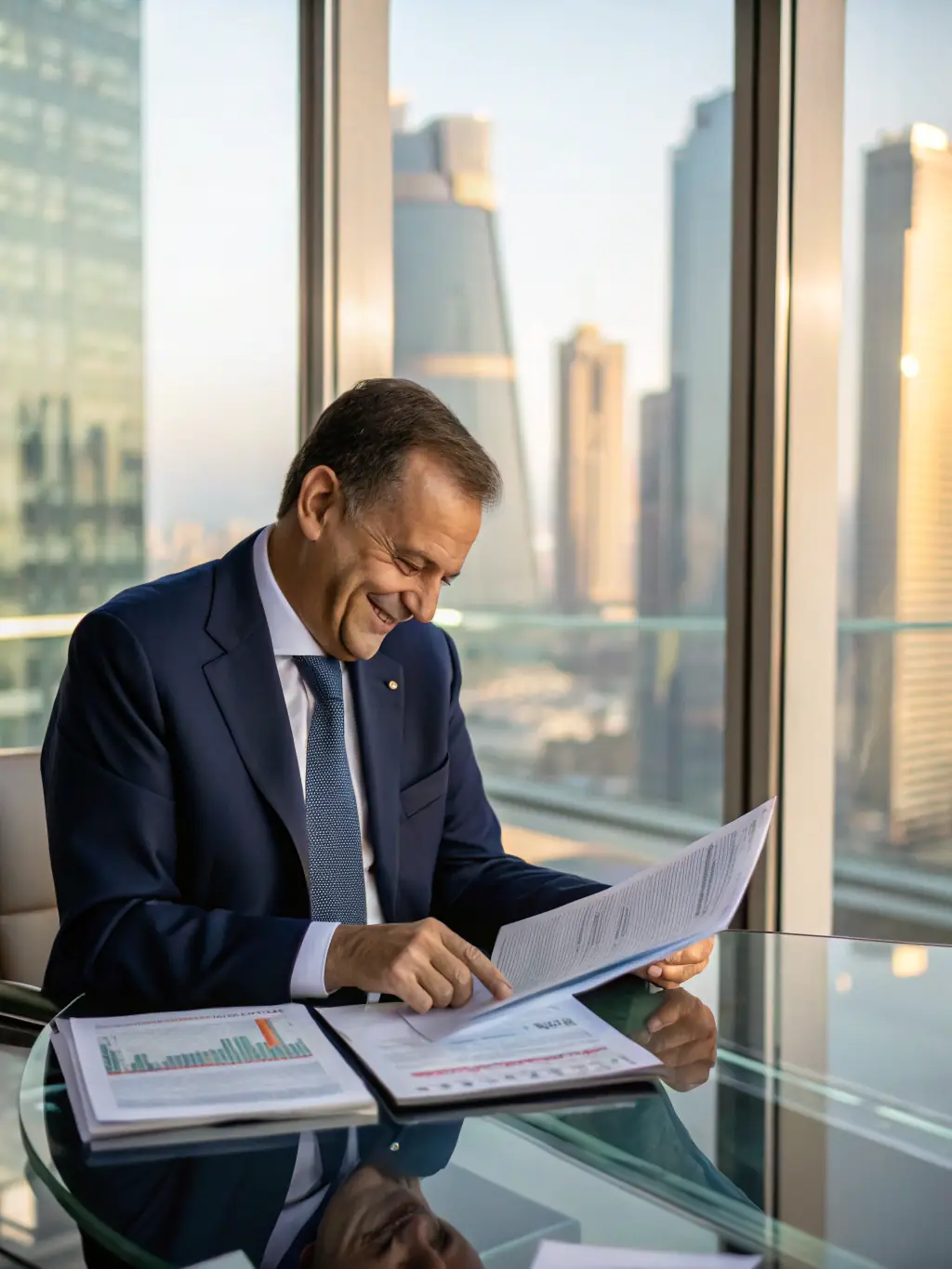 A professional executive confidently reviewing financial reports in a modern office setting, symbolizing strategic financial planning.
