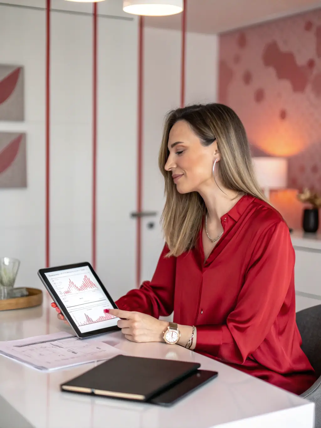 A coach guiding an executive through a financial model on a tablet, illustrating economic planning and asset management.
