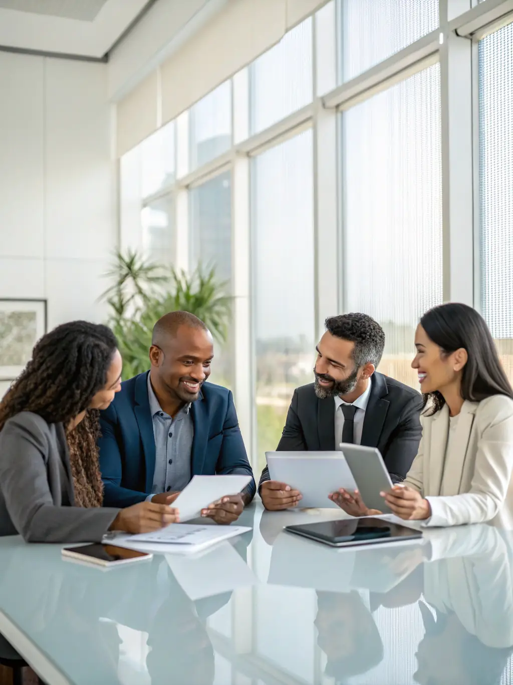 An image of a diverse team of executives collaborating on financial strategies, emphasizing teamwork and shared financial goals.