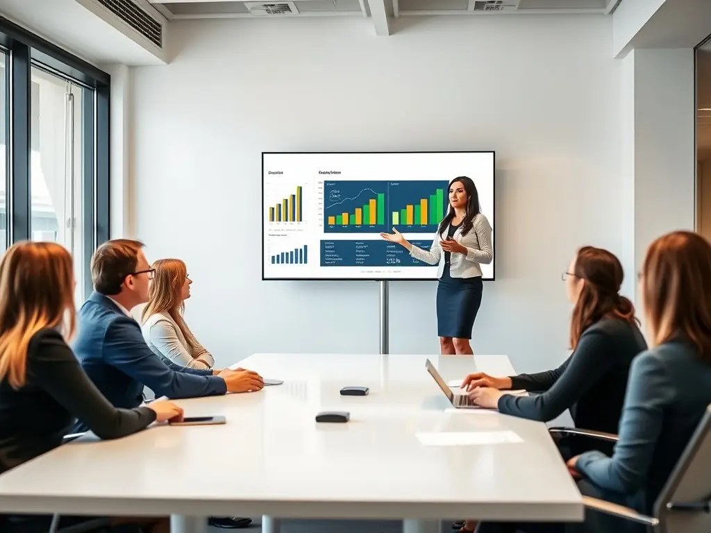 A professional executive in a modern office setting, confidently leading a team meeting, with charts displaying financial growth and investment strategies in the background, symbolizing strategic leadership and financial acumen.
