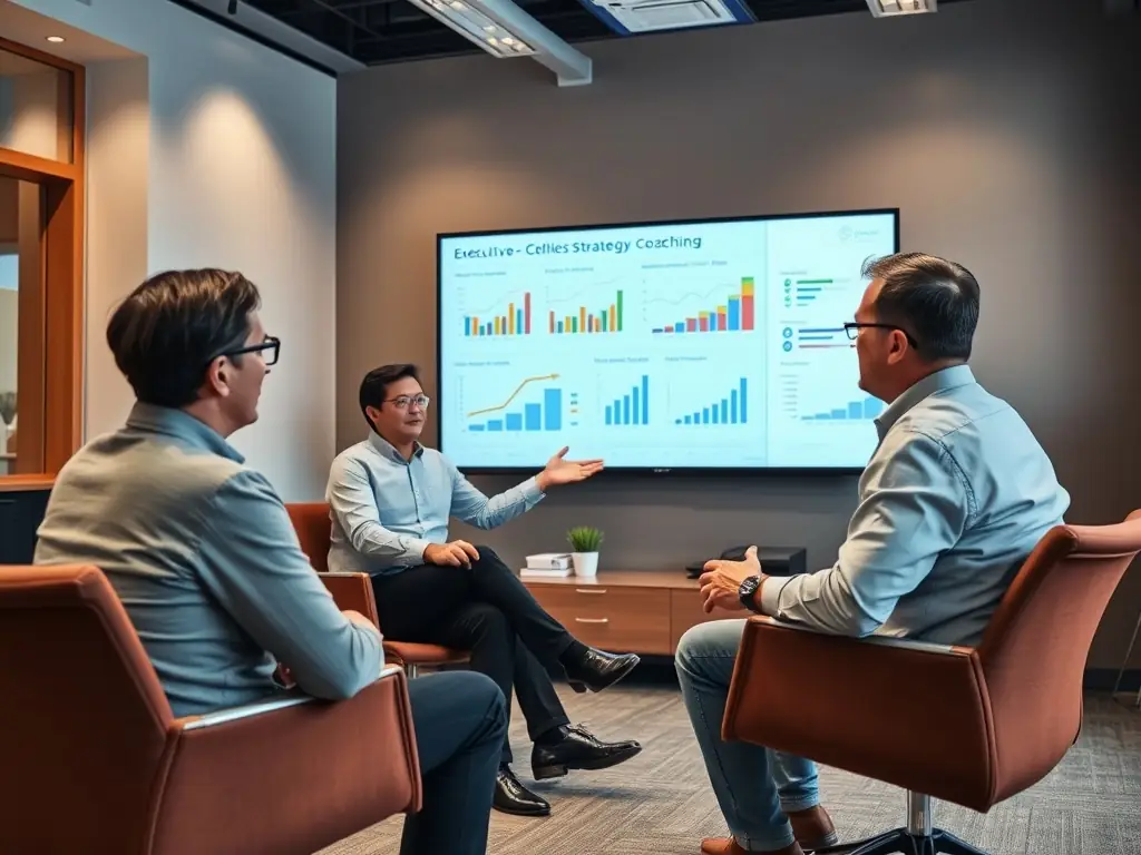 An executive coach in a one-on-one session with a client, using visual aids to illustrate leadership concepts and financial planning strategies, emphasizing personalized guidance and investment insights.