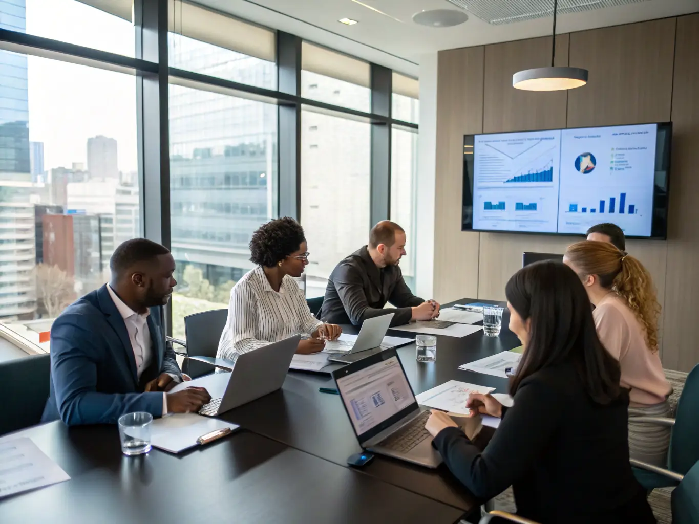 A diverse group of executives participating in a leadership workshop, engaging in discussions and collaborative problem-solving, highlighting team dynamics and financial planning exercises.